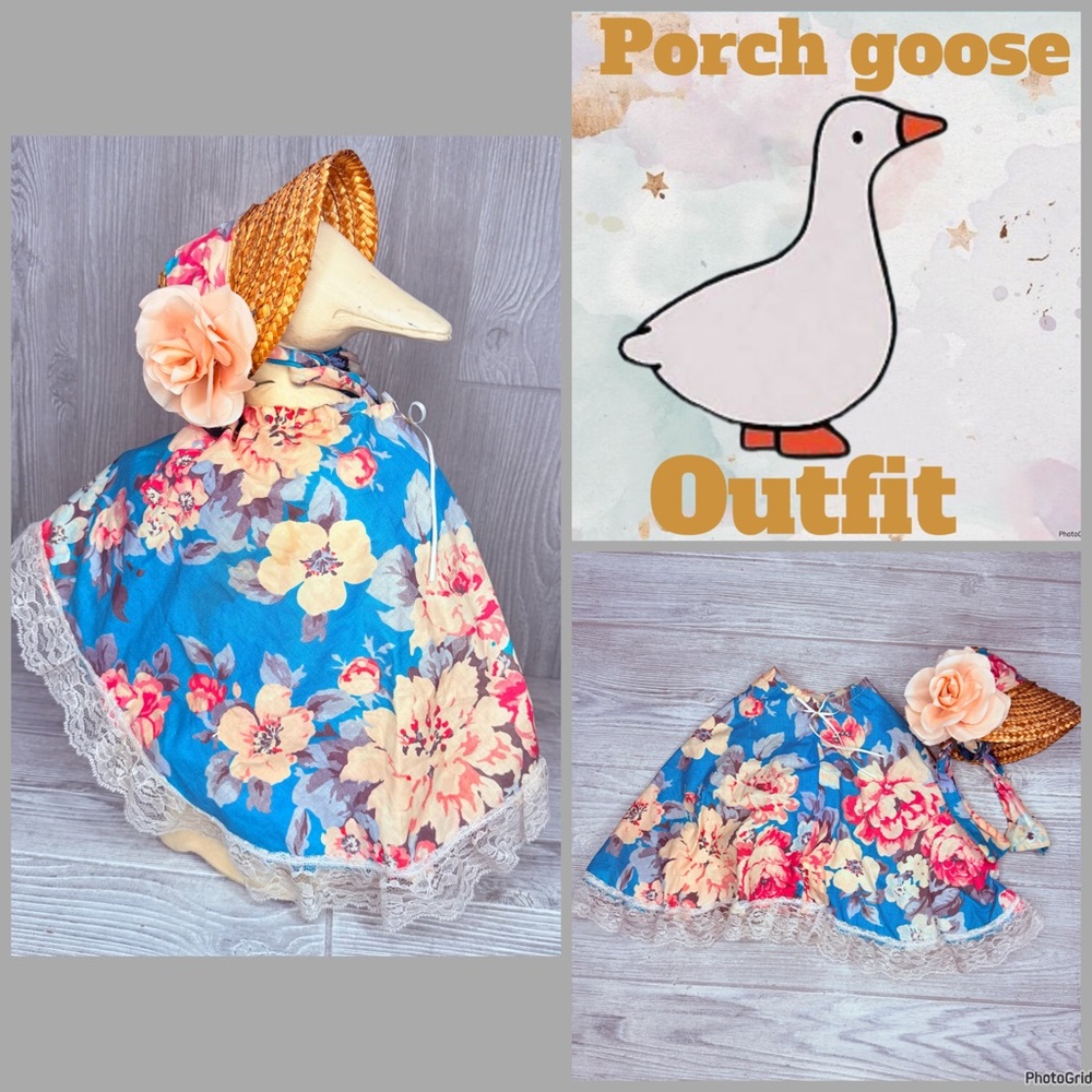 Vintage hand made porch goose outfit / clothes floral dress / hat lace costume